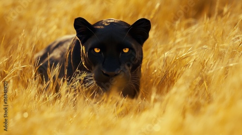 Black panther prowling through golden grass during sunset in an African savannah
