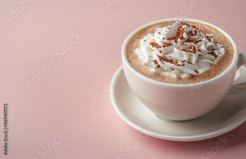 Coffee cup surrounded by tropical leaves on a pink backdrop