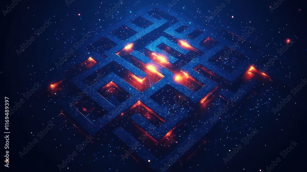 Fototapeta premium Mesmerizing abstract fractal patterns in a dark futuristic cosmic landscape with glowing energy neon lights and a sense of dimensional illusion This digital artwork creates a captivating
