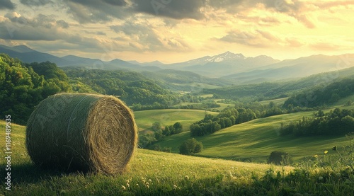 Vast landscape with rolled hay bales under a bright sky and lush rolling hills
