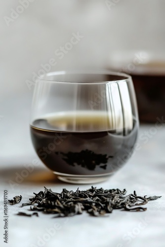 Refreshing beverage in a glass surrounded by tea leaves in a quiet outdoor se...