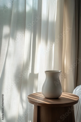 Soft morning light illuminates a ceramic pitcher on a bed with white sheets a...