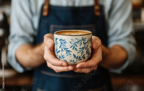 Barista serves beautifully crafted latte in decorative cup at cozy coffee shop