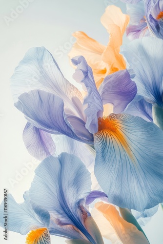 Colorful irises in soft pastel shades captured against a light background wit...