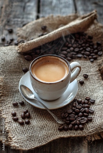 Artisan coffee served in a white cup on a rustic table with coffee beans and ...