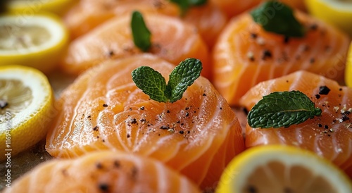 Fresh salmon fillets garnished with lemon slices and mint leaves on a wooden ...