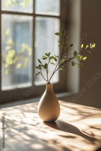 Elegant branch arrangement in a vase catching soft sunlight through a window