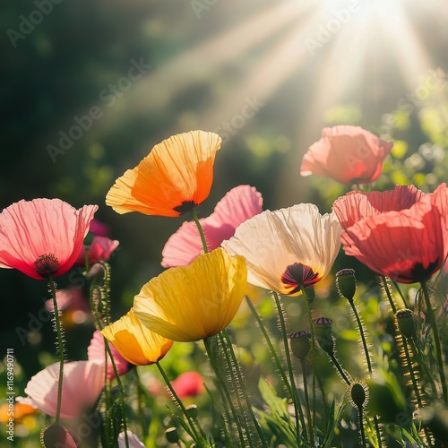 Colorful flowers blooming in sunlight during a warm spring afternoon outdoors