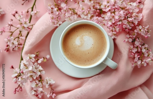 Coffee cup surrounded by tropical leaves on a pink backdrop