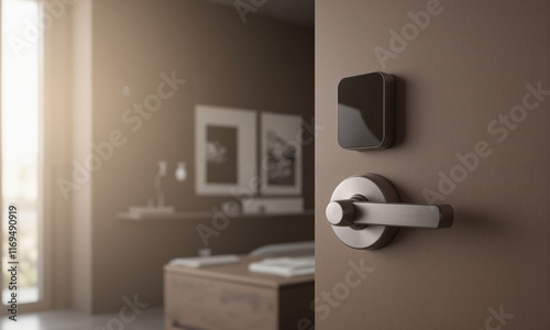 A modern smart door lock in a mocha mousse finish, featuring a sleek design with a glossy touchpad and metallic