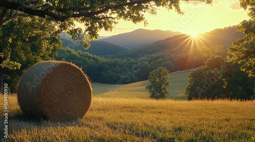 Golden sunset over rolling hills with hay bale in serene countryside landscape