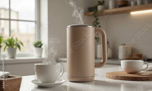 Wallpaper Mural Modern mocha mousse-colored electric kettle with soft matte texture and chrome details, styled with matching cups and tea accessories Torontodigital.ca