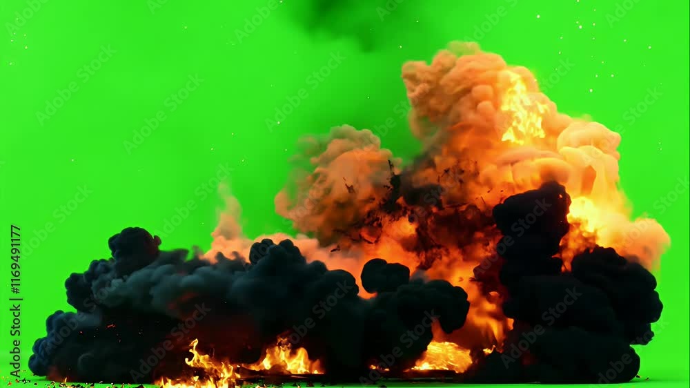 explosion with flaming wreckage, sparks, and thick clouds of black smoke on a green screen background