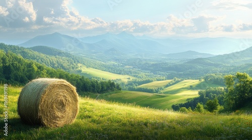 Vast landscape with rolled hay bales under a bright sky and lush rolling hills