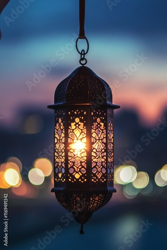 Decorative lantern hanging with vibrant city lights in the background during ...