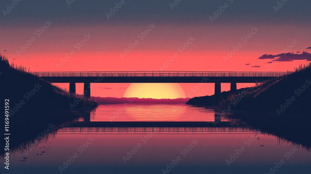 Sunset over calm river with bridge reflection. Sunset over calm river with bridge reflection.
