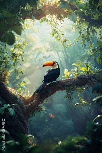 Colorful toucan perched on a branch in lush rainforest during daylight