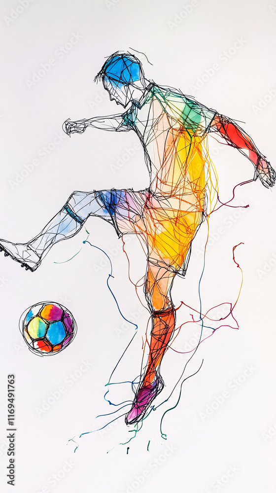Obraz premium Dynamic Artistic Illustration of a Soccer Player in Motion with Colorful Strokes and Abstract Lines Representing Energy and Passion for the Sport