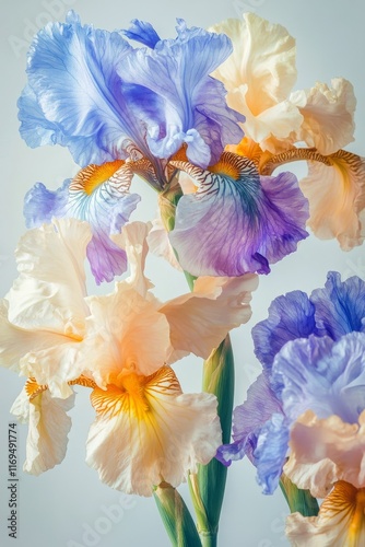 Colorful irises in soft pastel shades captured against a light background wit...