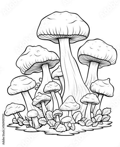 Adorable creepy kawaii mushroom coloring page for kids and adults with vintage, Cute mushrooms in a clearing among the flowers with vector illustration for coloring book.