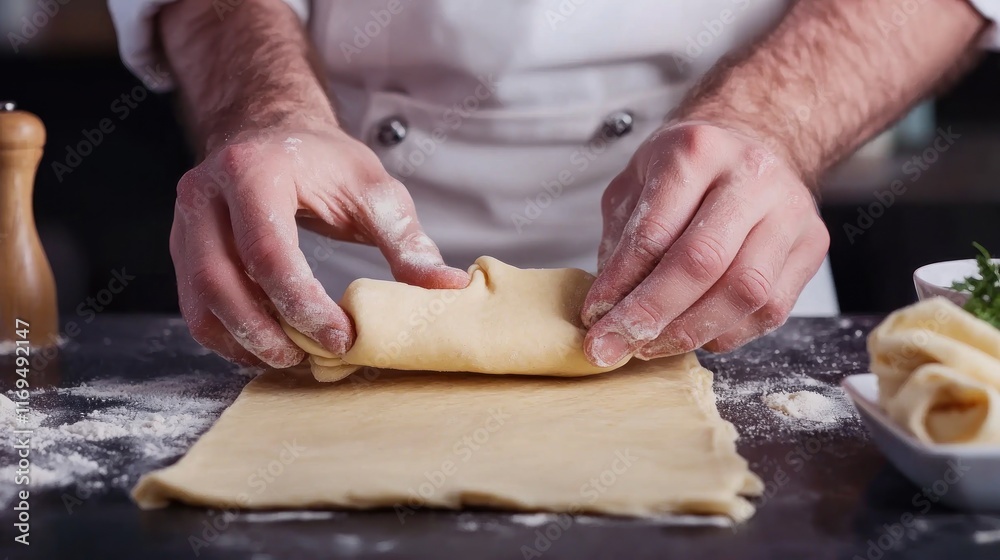 Chef rolling dough on a floured surface for pastry preparation. Chef rolling dough on a floured surface for pastry preparation.