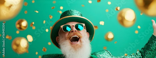 Senior man with a bread wearing leprechaun costume with a ginger beard and sunglasses, holding a disco ball and background is green and fully covered in golden confetti. St. Patrick day banner.  photo