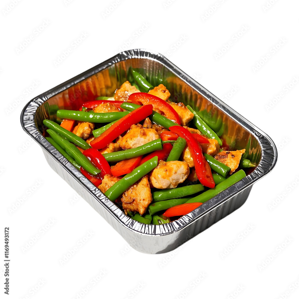 Stir fry chicken, sweet peppers and green beans. Served in a silver catering container on transparent background Stir fry chicken, sweet peppers and green beans. Served in a silver catering container on transparent background