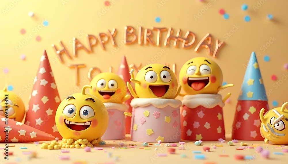 Obraz premium Joyful Emoji Birthday Celebration: 3D Rendered Emojis with Cake and Party Hats