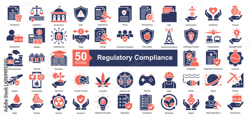 Regulatory Compliance Icon Collection Set.Containing compliance, legislation, governance, risk, policy icon. Simple dual tone style Vector Illustration.	