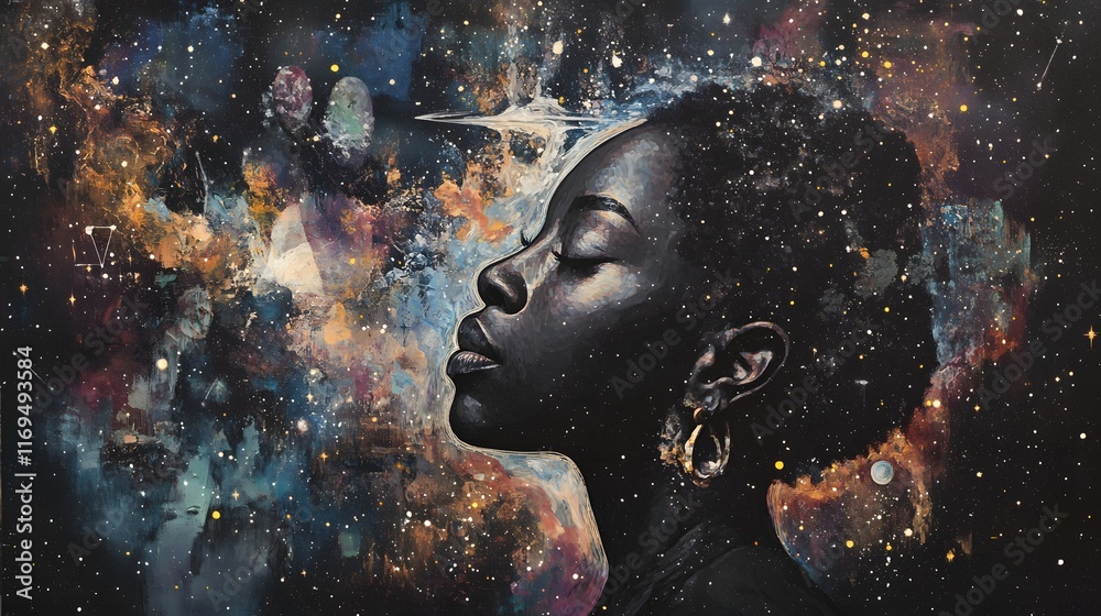 A surreal representation of a woman in profile, surrounded by a cosmic landscape A surreal representation of a woman in profile, surrounded by a cosmic landscape