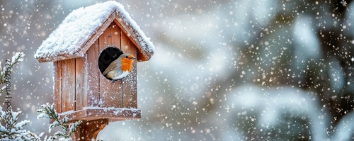 A bird peeking out a decorative birdhouse during a soft winter snowfall creating a serene seasonal moment