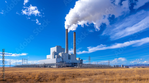 Coal Fired Power Plant with Smokestacks and Transmission Lines photo