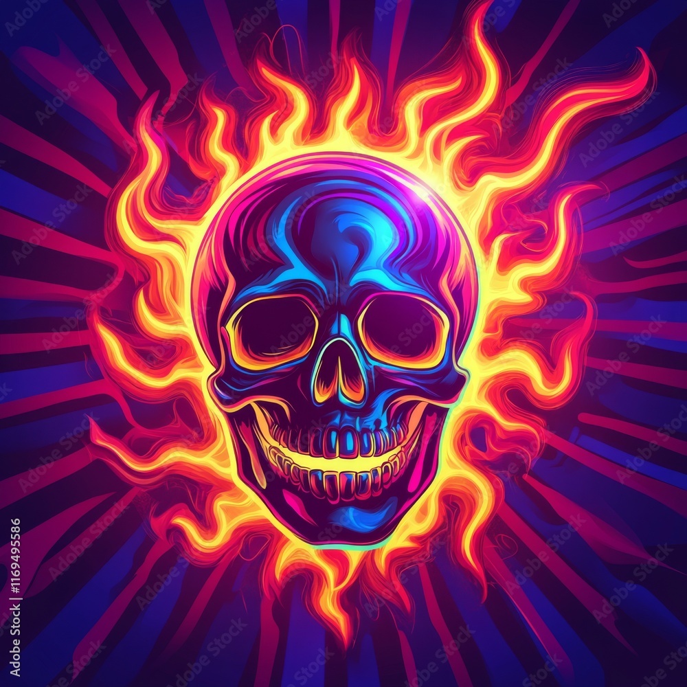 Chrome skull engulfed in vibrant, multicolored flames against a radial background. Chrome skull engulfed in vibrant, multicolored flames against a radial background.