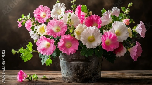 A vibrant bouquet of pink and white hollyhocks arranged in a weathered metal bucket on a wooden table, with soft, natural lighting highlighting the delicate petals.