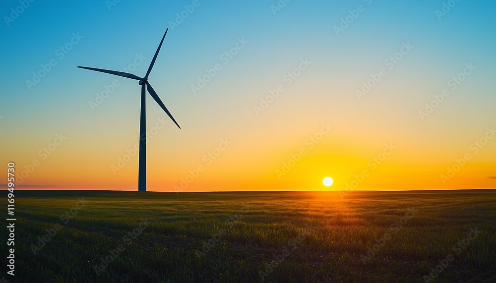 A lone windmill stands silhouetted against the brilliant hues sunrise over open fields. A lone windmill stands silhouetted against the brilliant hues sunrise over open fields.