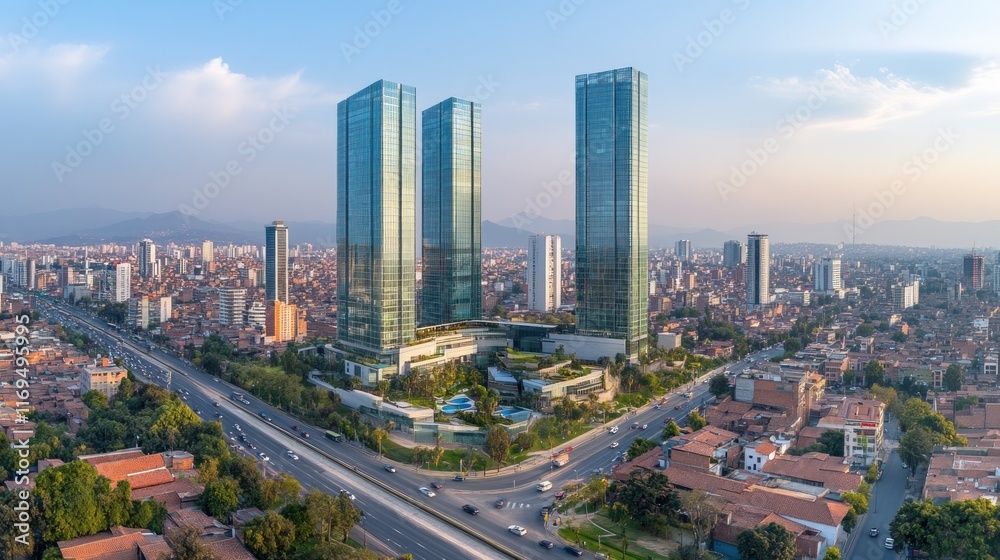 Fototapeta premium Aerial View of Modern Skyscrapers City at Sunset