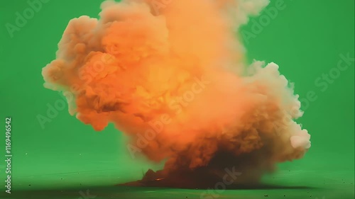 intense shockwaves, bright flames, and debris scattering in all directions over a green background photo