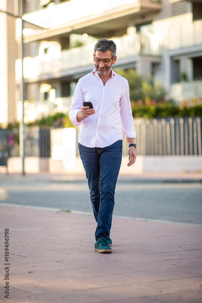 Fototapeta premium Man walking outdoors while using smartphone