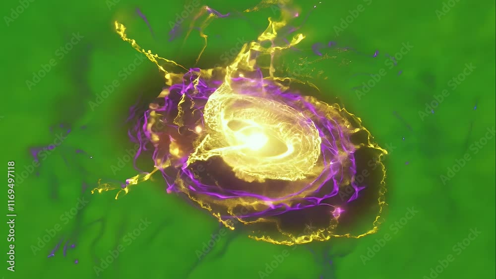 Fantasy-style explosion with swirling magical energy, golden sparks, and ethereal glowing embers over a green screen