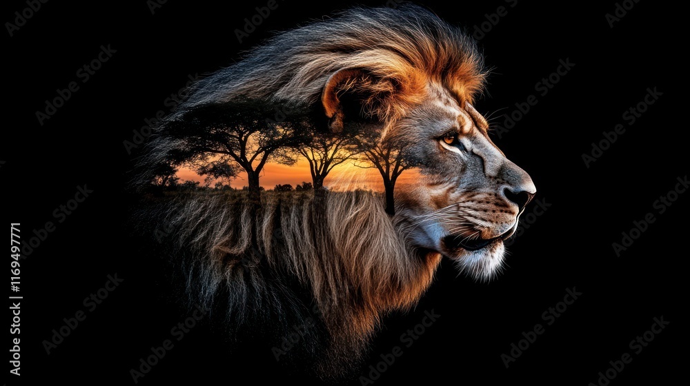 Naklejka premium Majestic Lion Silhouette: African Sunset Double Exposure