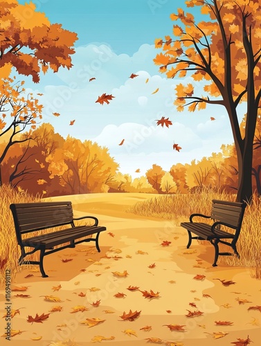 Autumn Park Scene With Benc...