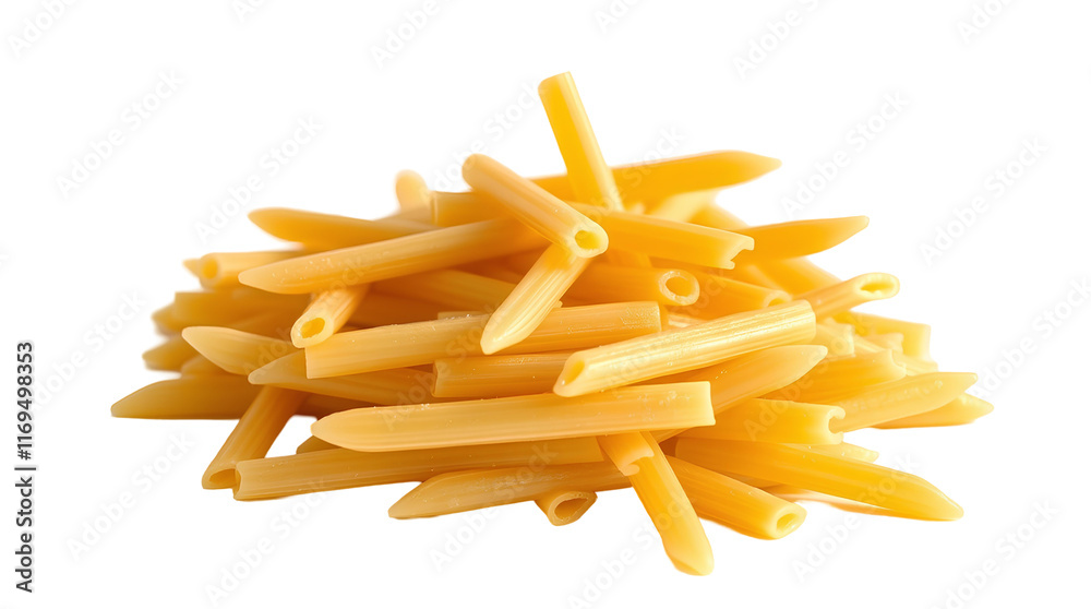 A photo of raw penne rigate pasta, isolated on a white background, lit with warm golden light A photo of raw penne rigate pasta, isolated on a white background, lit with warm golden light