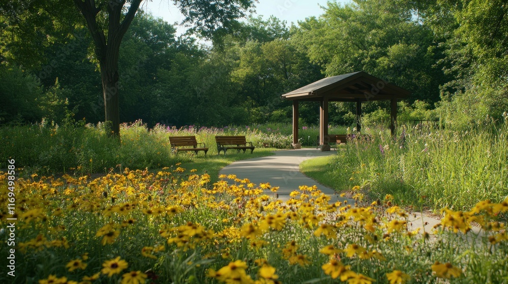 Serene Summer Garden Path with Gazebo and Blooming Flowers Serene Summer Garden Path with Gazebo and Blooming Flowers