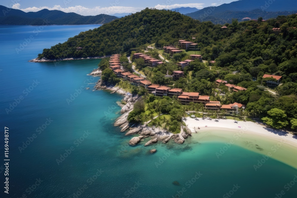 Naklejka premium Aerial View of Angra dos Reis Bay - Gated House Community by the Tropical Coastline with Hill Scenery