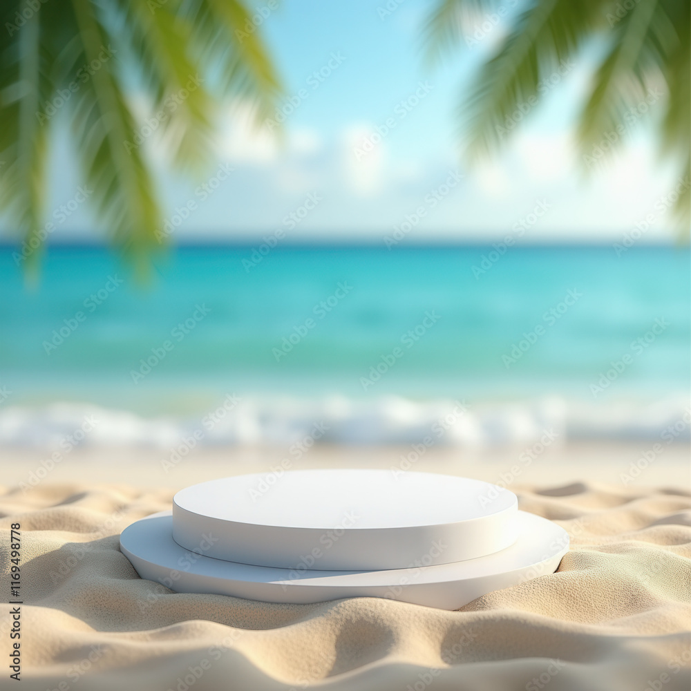 White podium for presentation products on the beach background White podium for presentation products on the beach background