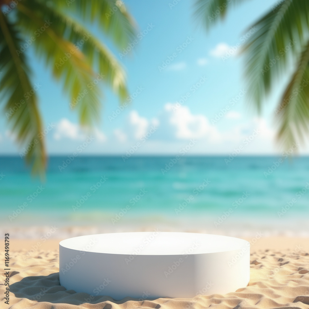 White podium for presentation products on the beach background White podium for presentation products on the beach background