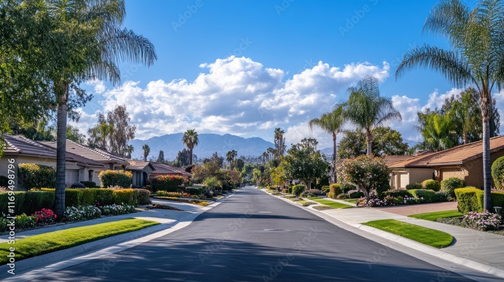 Obraz premium Serene Suburban Street with Mountain Views