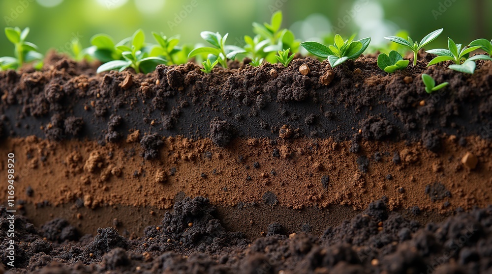 Fototapeta premium Cross-Section of Rich Fertile Soil With Green Seedlings Overhead