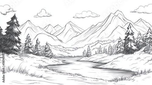 Serene Mountain River Landscape Sketch With Trees And Clouds