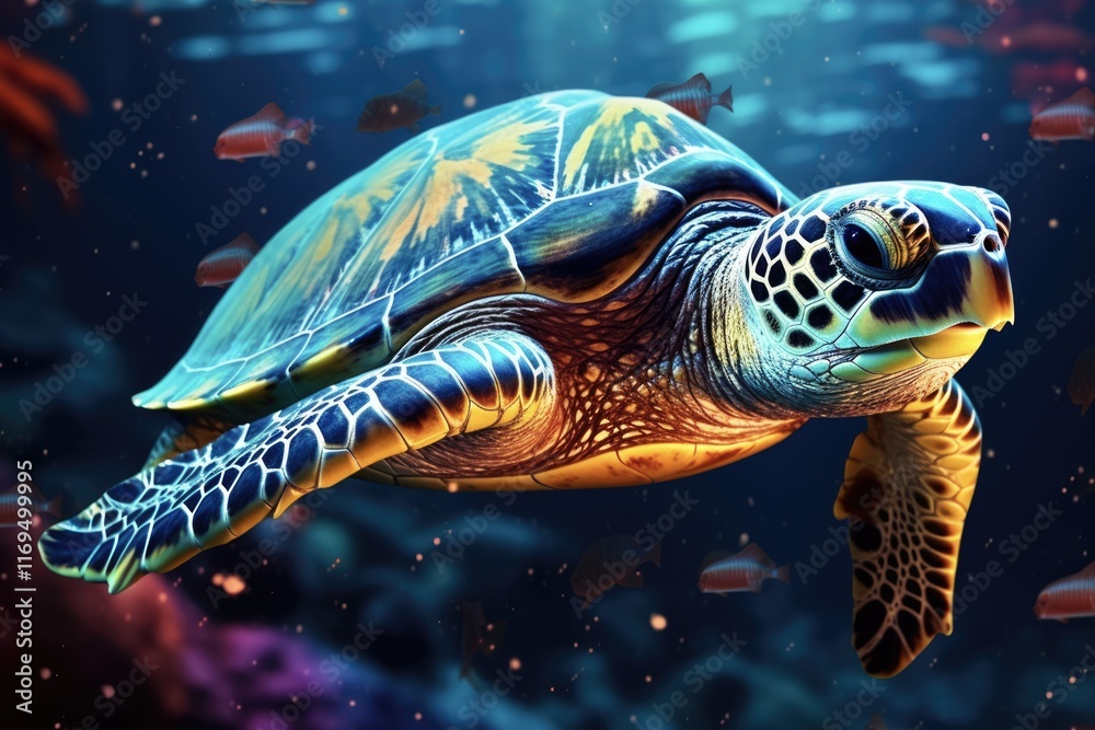Aquatic Animals in Clear Turquoise Ocean. A Beautiful Turtle Swimming with Generative AI of Marine Wildlife in Ocean Life Aquatic Animals in Clear Turquoise Ocean. A Beautiful Turtle Swimming with Generative AI of Marine Wildlife in Ocean Life